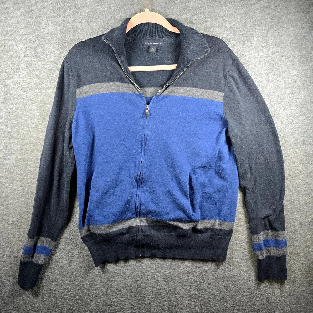 Banana Republic Full Zip Sweater Mens M Color Block Silk Cotton Polyester Pocket